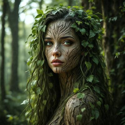 The primary subject of the image is a woman with a unique appearance. She has a tree growing out of her back, and her face is painted with tree roots. The setting is a forest, with trees surrounding her. The visual style of the image is a combination of photo and digital art, creating a surreal and artistic atmosphere. The colors and mood of the image are predominantly green, with a sense of mystery and intrigue.